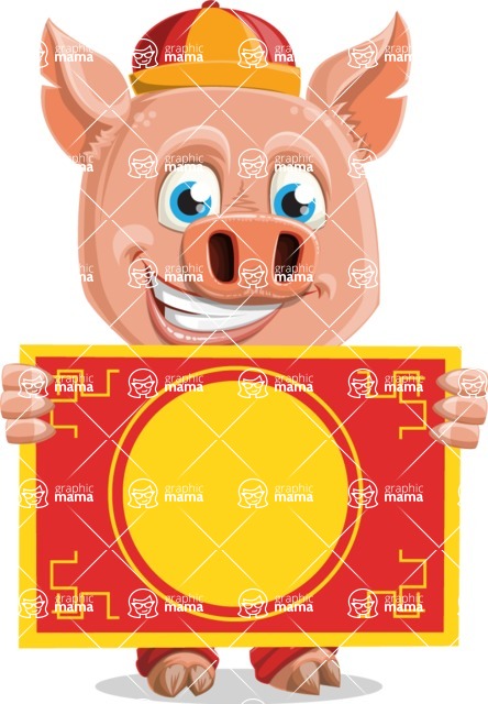 Year of the Pig Character - Vector Pig Cartoon - Year of the Pig Vector Character with Chinese Banner